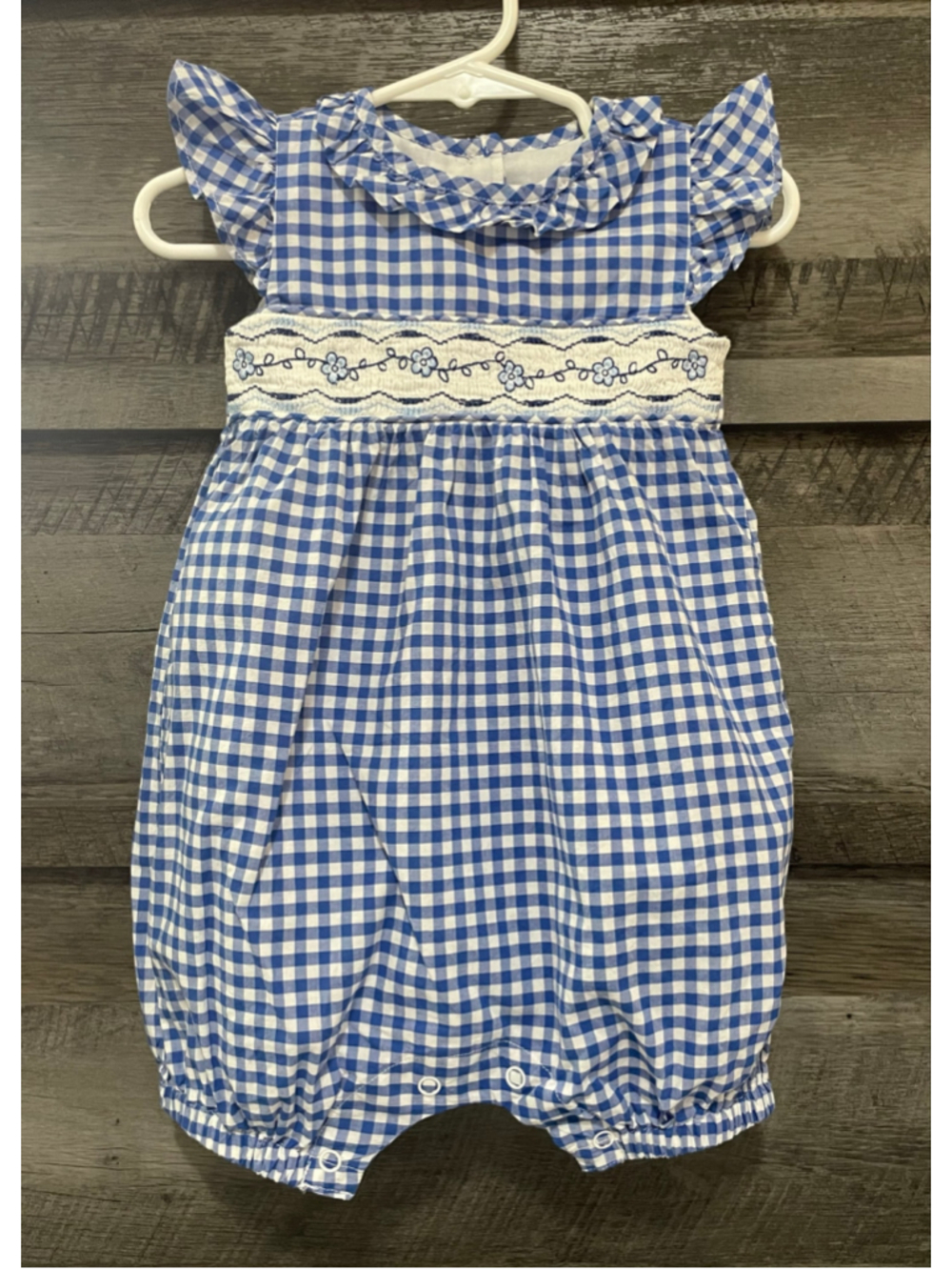 Bonnie Baby Blue Gingham Smocked Bubble Romper Girls 12 Months Ruffle Sleeve